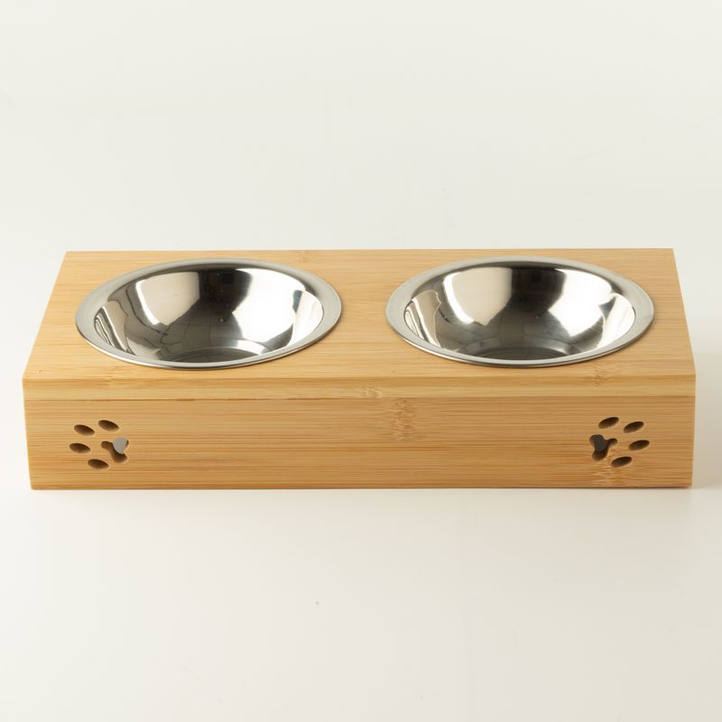 PAW Cuencos para comida - doble acero inoxidable (201) en soporte de madera - 2x12cm
