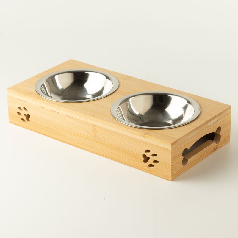 PAW Cuencos para comida - doble acero inoxidable (201) en soporte de madera - 2x12cm