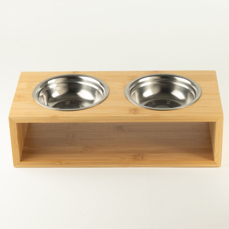 PAW Cuencos para comida - Grande doble acero inoxidable (201) en soporte de madera - 2x13 cm