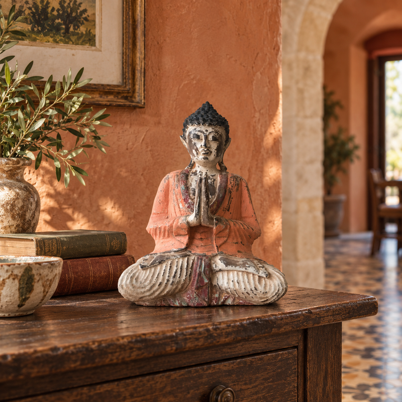 Estatua de Buda tallada a mano de color naranja vintage - 30 cm - Bienvenido