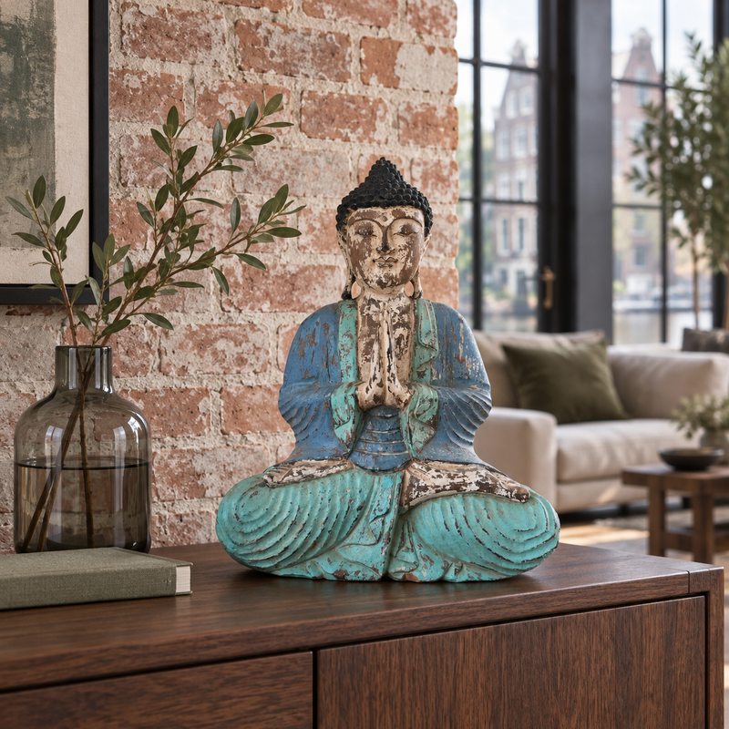 Estatua de Buda tallada a mano en azul menta vintage - 40 cm - Bienvenido