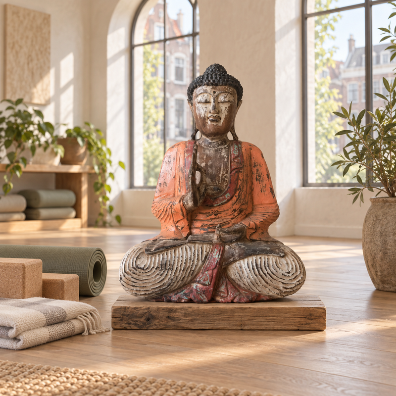 Estatua de Buda tallada a mano de color naranja vintage - 60 cm - Transmisión de la enseñanza