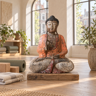Estatua de Buda tallada a mano de color naranja vintage - 60 cm - Transmisión de la enseñanza