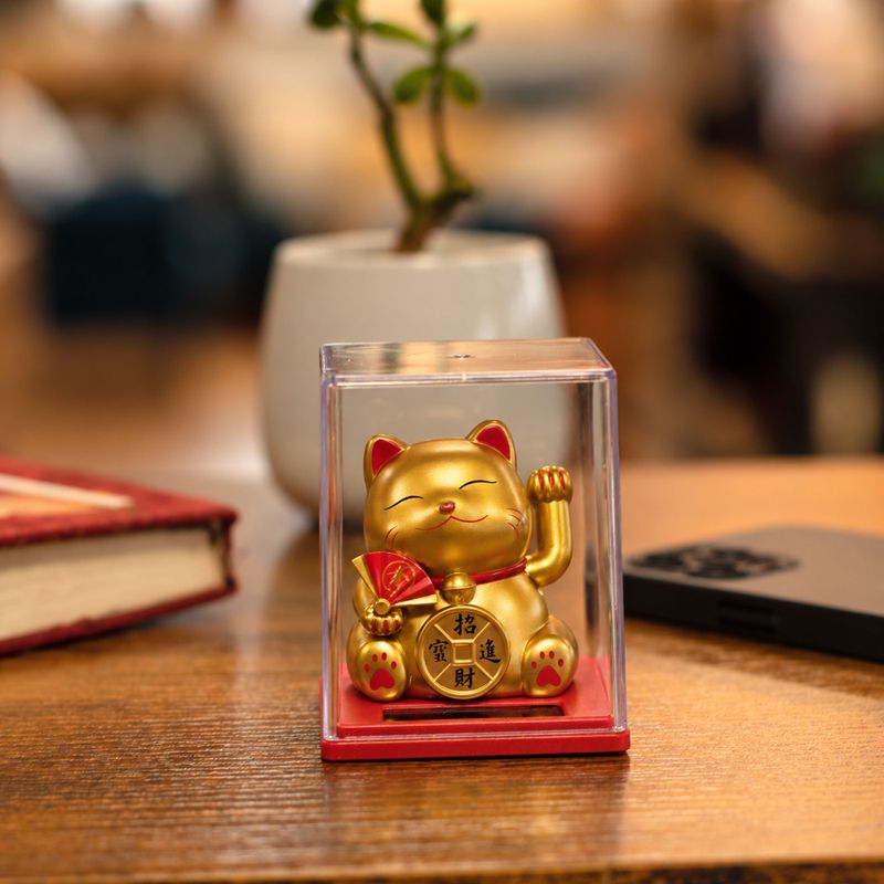 Mini Gato de Dinero con Energía Solar en Caja - Dorado