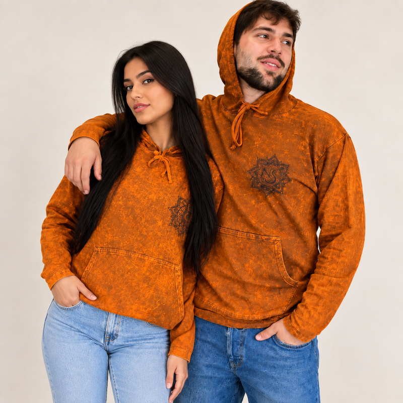 Camisa con capucha pequeña lavada a la piedra con bolsillo canguro - Naranja quemado