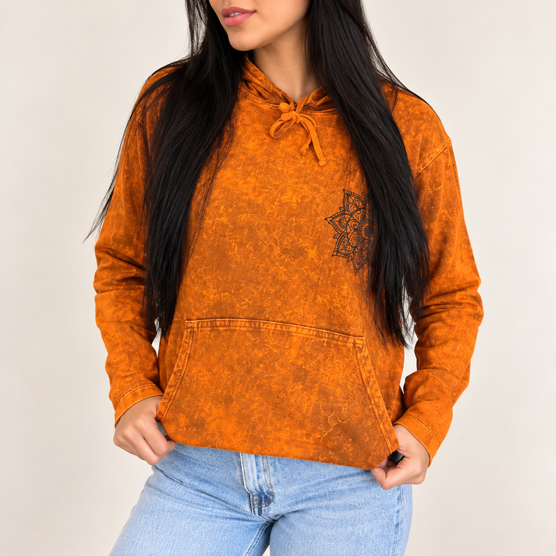 Camisa con capucha pequeña lavada a la piedra con bolsillo canguro - Naranja quemado