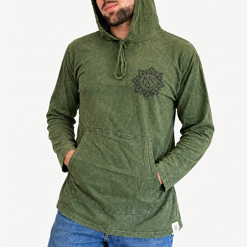 Sudadera pequeña con capucha y bolsillo canguro, efecto lavado a la piedra - Verde azulado vintage