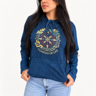 Camisa con capucha pequeña de algodón lavado a la piedra con bolsillo canguro - Brújula de la vida azul