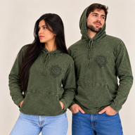 Camisa con capucha de algodón lavado a la piedra, bolsillo canguro - Verde azulado vintage