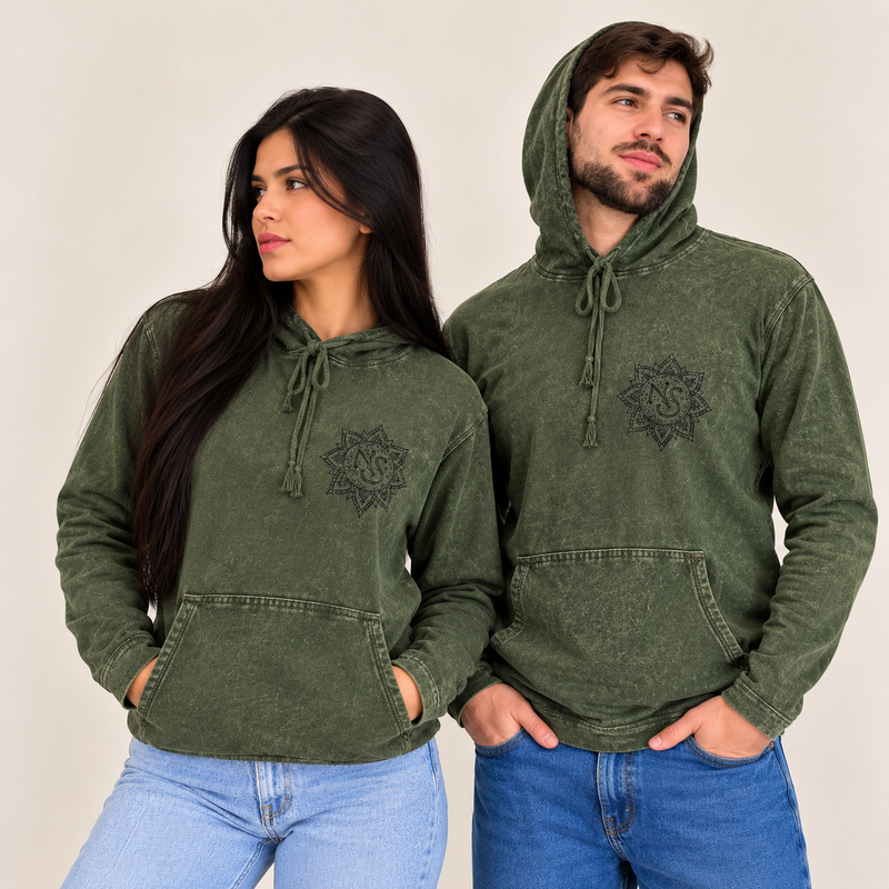 Camisa con capucha de algodón lavado a la piedra, bolsillo canguro - Verde azulado vintage