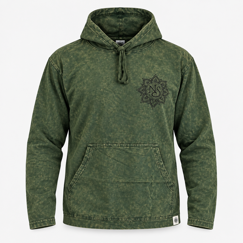 Camisa con capucha de algodón lavado a la piedra, bolsillo canguro - Verde azulado vintage