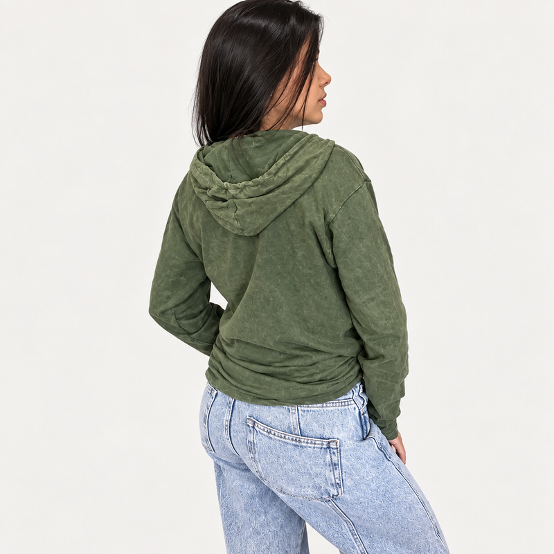 Camisa con capucha de algodón lavado a la piedra, bolsillo canguro - Verde azulado vintage