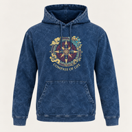 Camisa con capucha de algodón lavado a la piedra, bolsillo canguro, talla M - Brújula de la vida azul