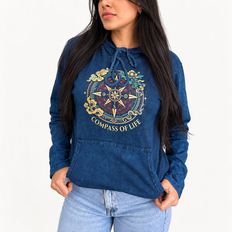 Camisa con capucha de algodón lavado a la piedra, bolsillo canguro, talla M - Brújula de la vida azul