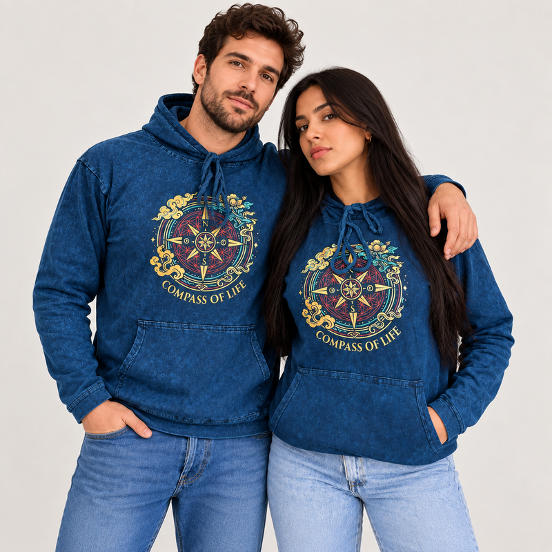 Sudadera grande con capucha y bolsillo canguro, efecto lavado a la piedra - Brújula de la Vida azul
