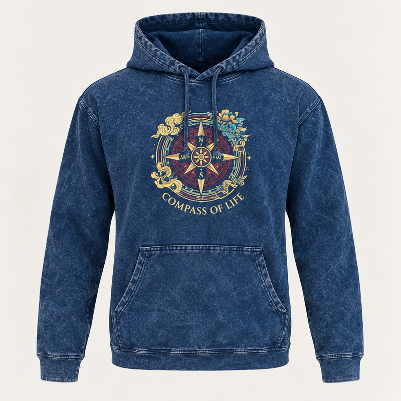 Sudadera grande con capucha y bolsillo canguro, efecto lavado a la piedra - Brújula de la Vida azul