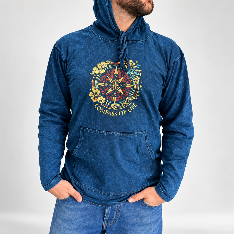 Camisa con capucha extragrande lavada a la piedra con bolsillo canguro - Brújula de la vida azul