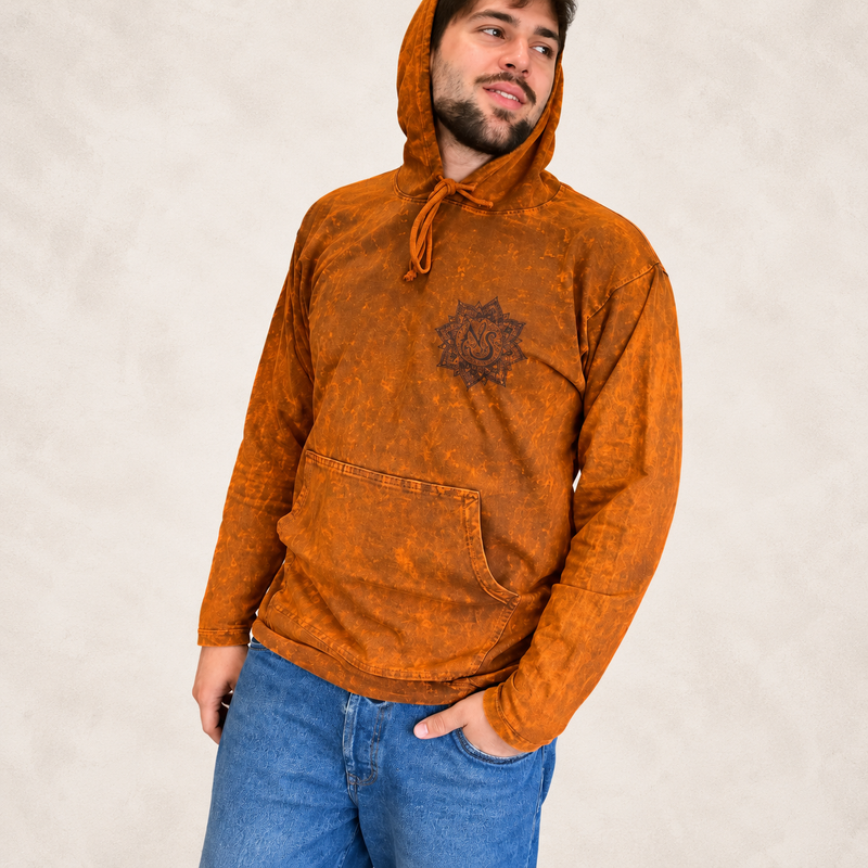 Camisa con capucha de piedra lavada, talla M, con bolsillo canguro - Naranja quemado