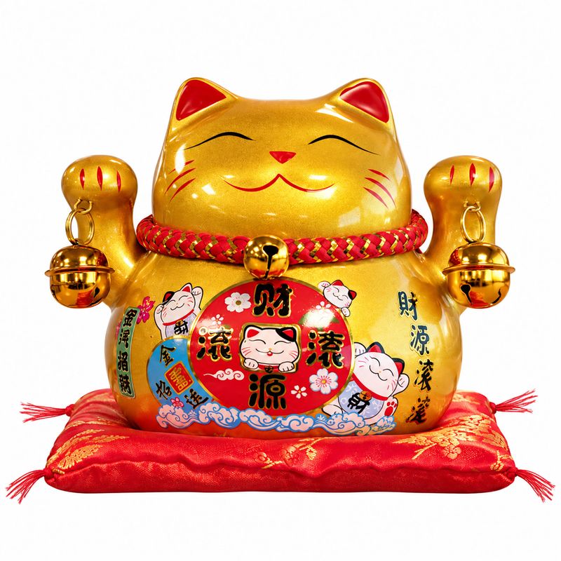 Hucha de gato de la suerte de cerámica - Dorado sobre cojín