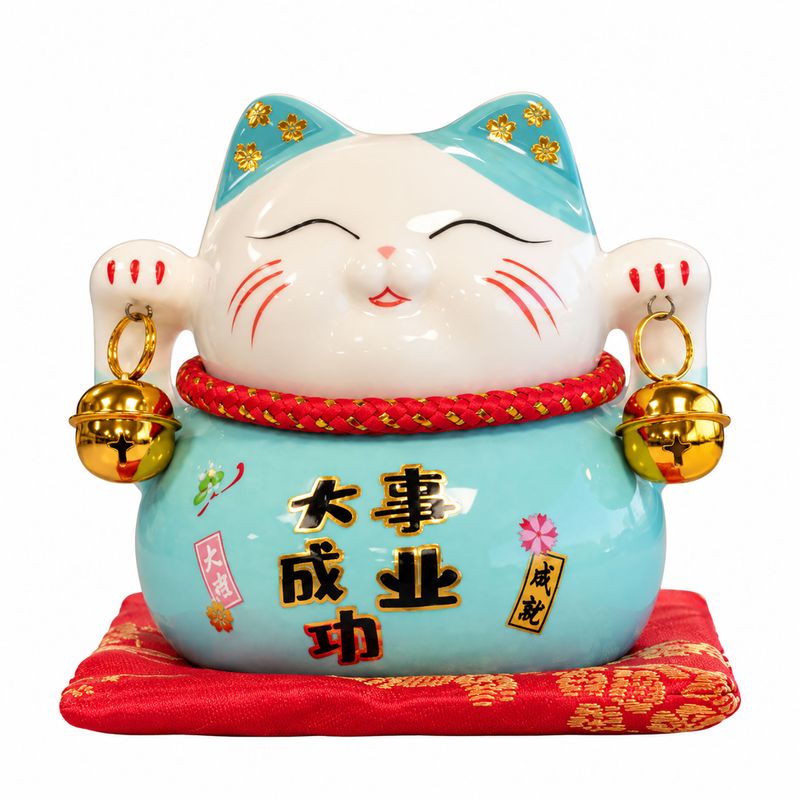 Hucha de cerámica gato de la suerte - Azul sobre cojín