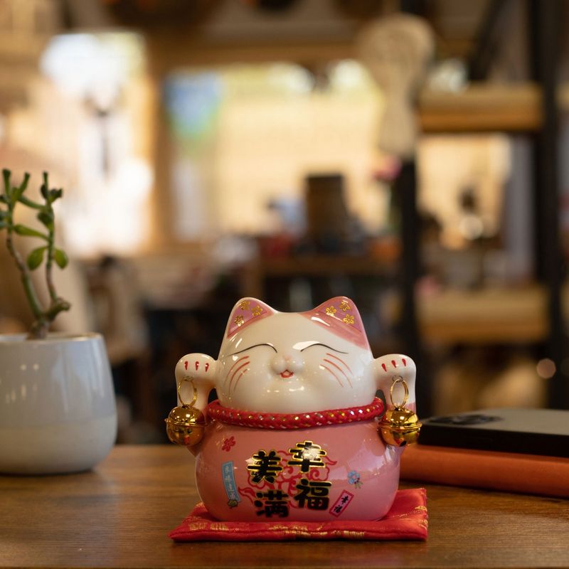 Hucha de cerámica gato de la suerte - Rosa sobre cojín