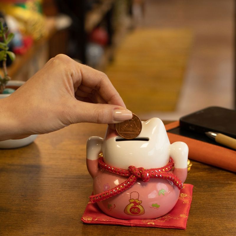 Hucha de cerámica gato de la suerte - Rosa sobre cojín