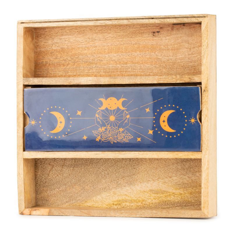 Bandeja de tarot con fases lunares en azul y soporte para cartas