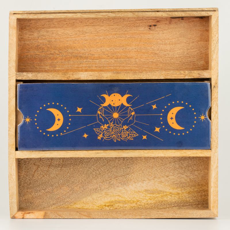 Bandeja de tarot con fases lunares en azul y soporte para cartas