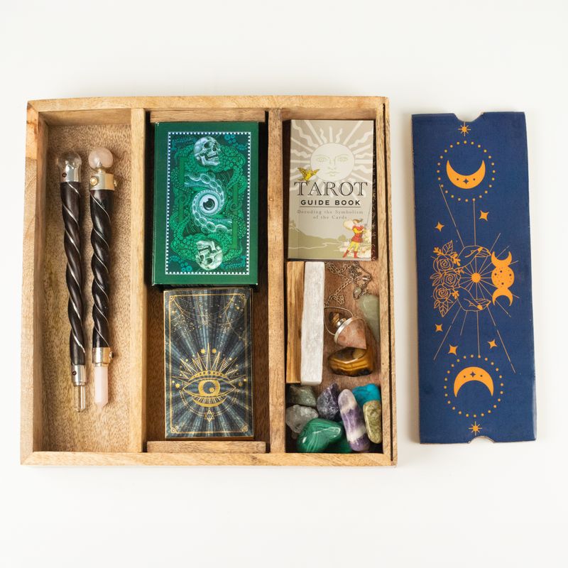 Bandeja de tarot con fases lunares en azul y soporte para cartas