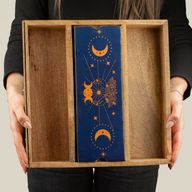 Bandeja de tarot con fases lunares en azul y soporte para cartas