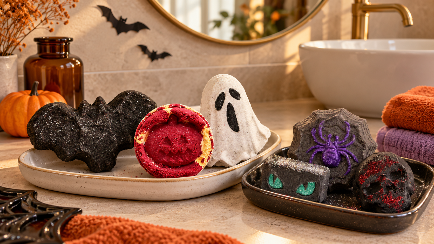 Bomba de baño de Halloween en un tocador acogedor