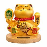 Gato de la suerte solar con base de madera - Mano móvil dorada