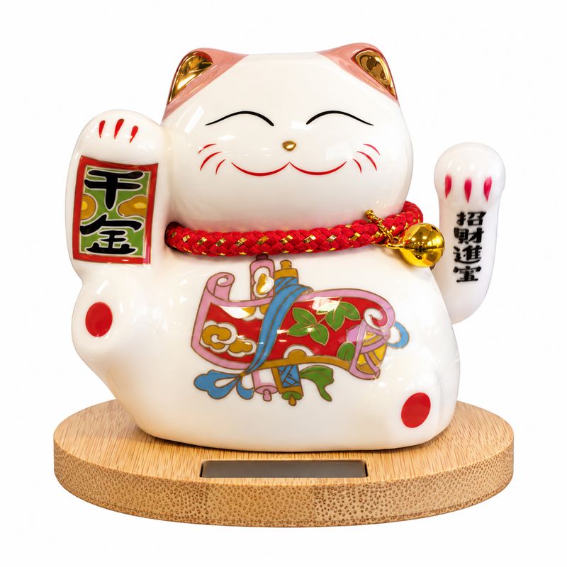 Gato de la fortuna solar con base de madera - Mano móvil rosa