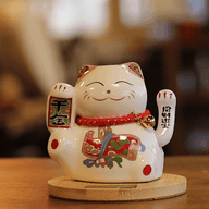 Gato de la fortuna solar con base de madera - Mano móvil rosa