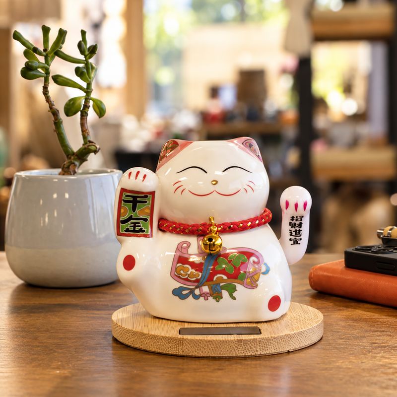 Gato de la fortuna solar con base de madera - Mano móvil rosa