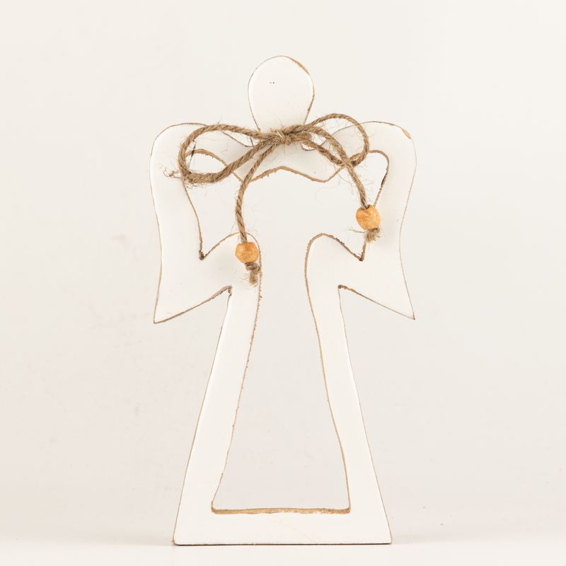 Ángel con halo de madera de mango mediano - Esmalte blanco