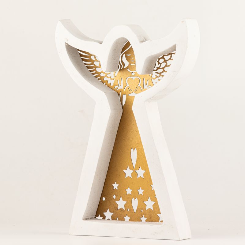 Ángel de madera de mango - Acabado en blanco con decoración de hierro recortada - 22 cm