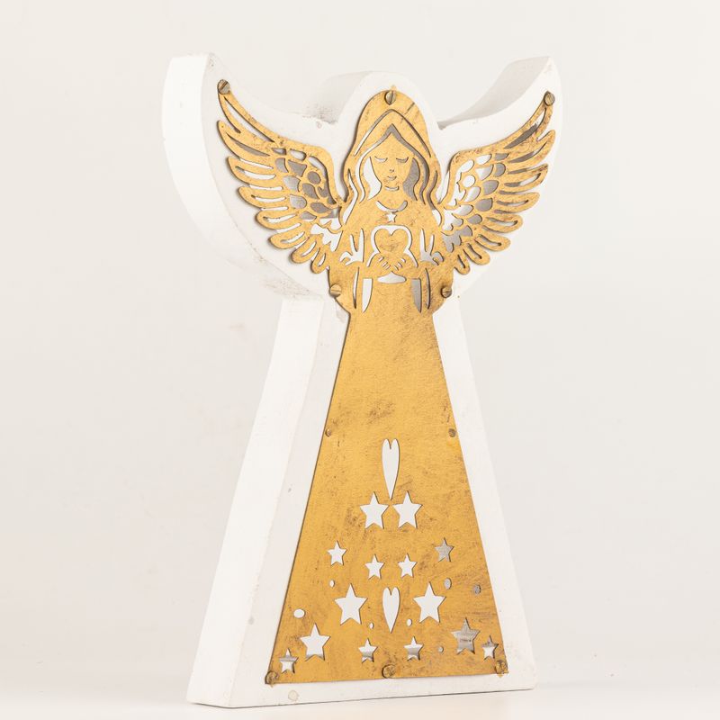 Ángel de madera de mango - Acabado en blanco con decoración de hierro recortada - 22 cm