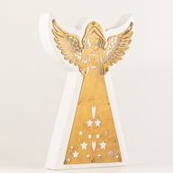 Ángel de madera de mango - Acabado en blanco con decoración de hierro recortada - 22 cm