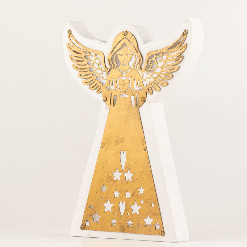 Ángel de madera de mango - Acabado en blanco con decoración de hierro recortada - 22 cm