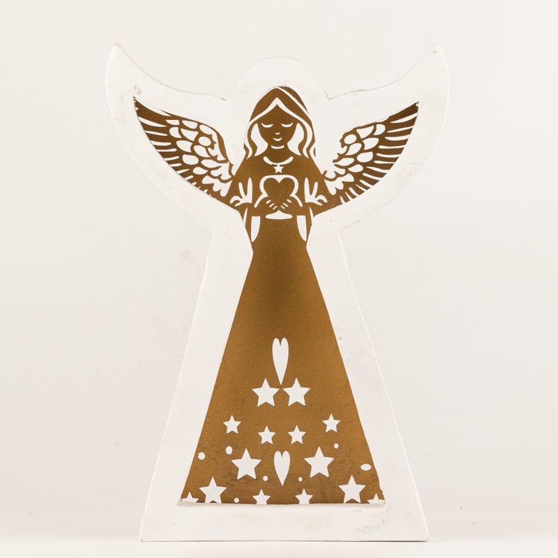 Ángel de madera de mango - Acabado en blanco con decoración de hierro recortada - 22 cm