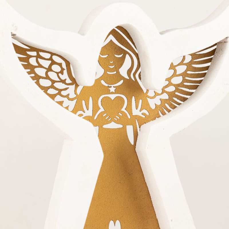 Ángel de madera de mango - Acabado en blanco con decoración de hierro recortada - 22 cm
