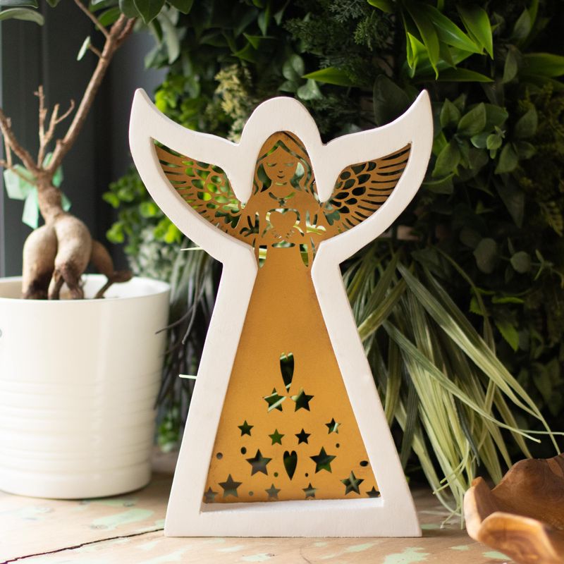 Ángel de madera de mango - Acabado en blanco con decoración de hierro recortada - 22 cm