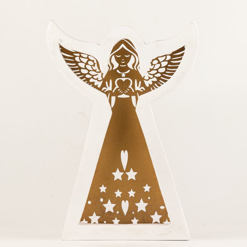 Ángel de madera de mango - Acabado en blanco con decoración de hierro recortada - 22 cm
