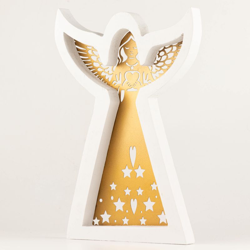 Ángel de madera de mango - Acabado decapado con decoración de hierro recortada - 39 cm