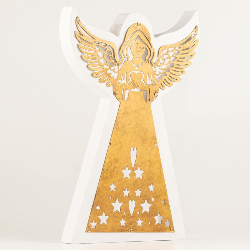 Ángel de madera de mango - Acabado decapado con decoración de hierro recortada - 39 cm