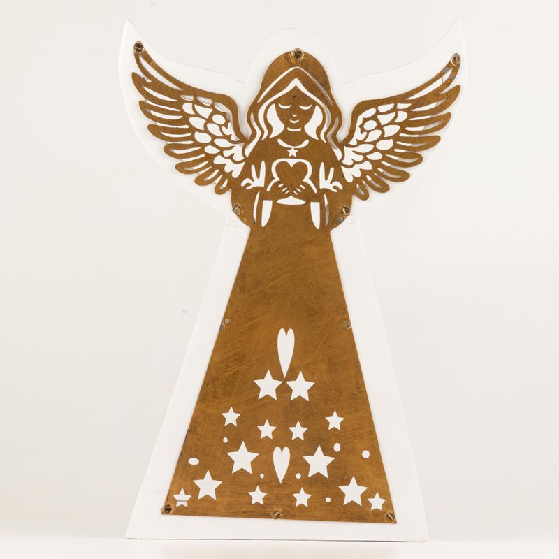 Ángel de madera de mango - Acabado decapado con decoración de hierro recortada - 39 cm