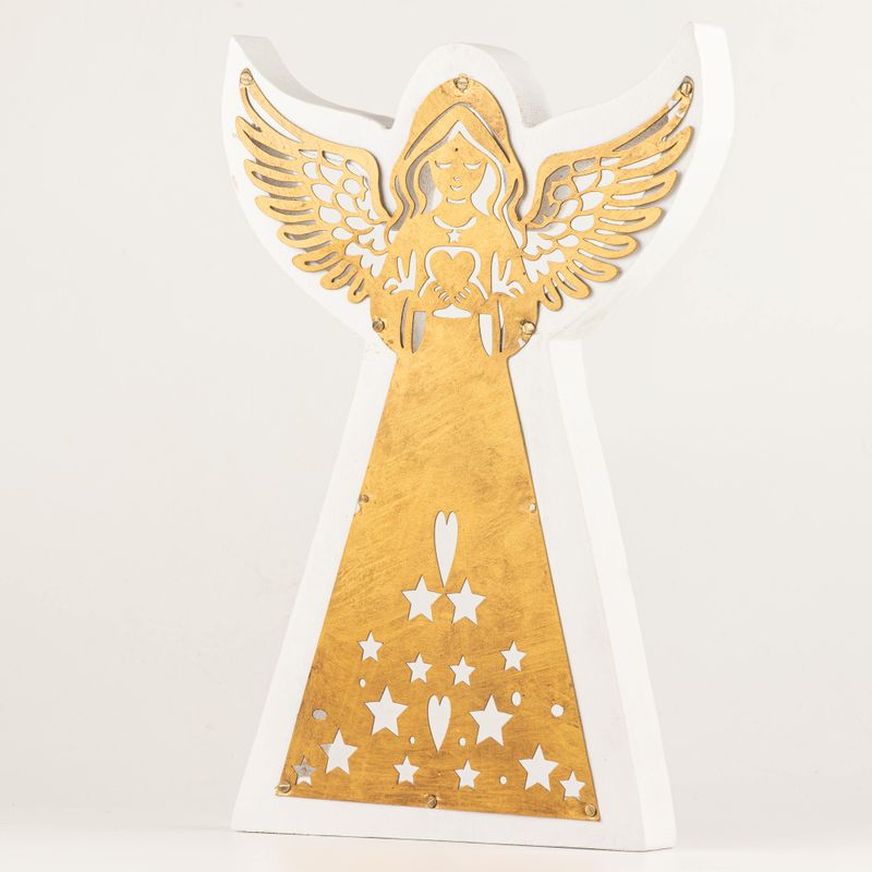 Ángel de madera de mango - Acabado decapado con decoración de hierro recortada - 39 cm