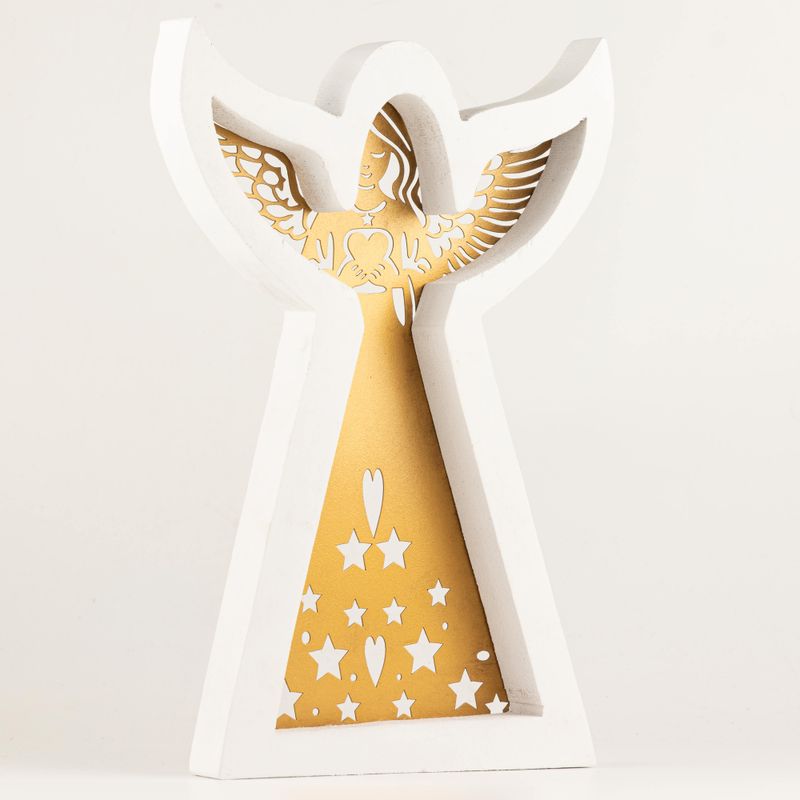 Ángel de madera de mango - Acabado decapado con decoración de hierro recortada - 39 cm
