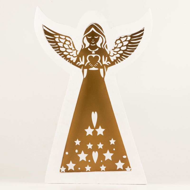 Ángel de madera de mango - Acabado decapado con decoración de hierro recortada - 39 cm